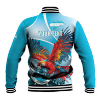 Light blue baseball jacket with striped ribbing and large back parrot graphic