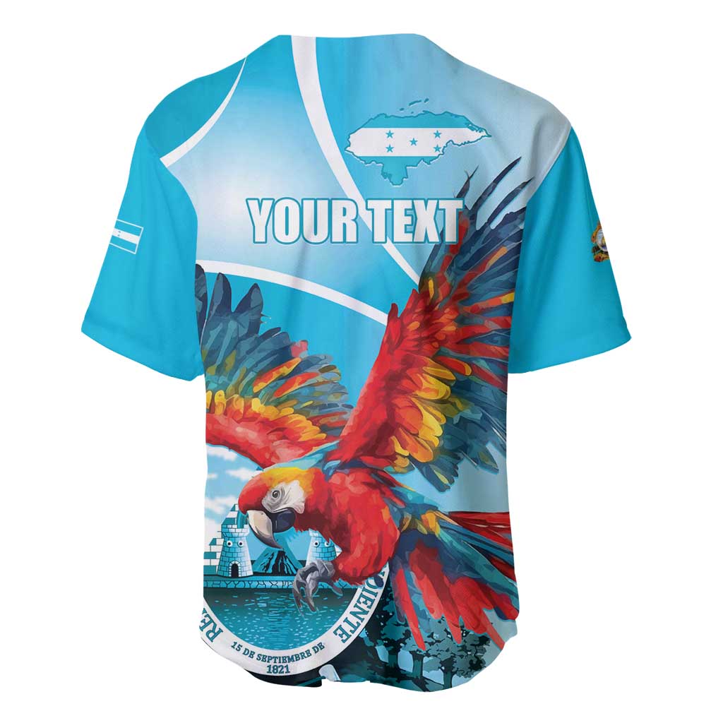 Sky blue baseball jersey with V-neck trim, back print YOURTEXT and macaw artwork