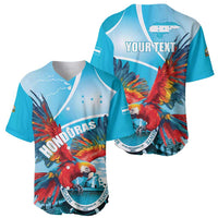 Set of two sky blue baseball jerseys with macaw front and back designs