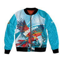 Unisex sky blue bomber jacket with black ribbed collar, front zip, colorful macaw graphic