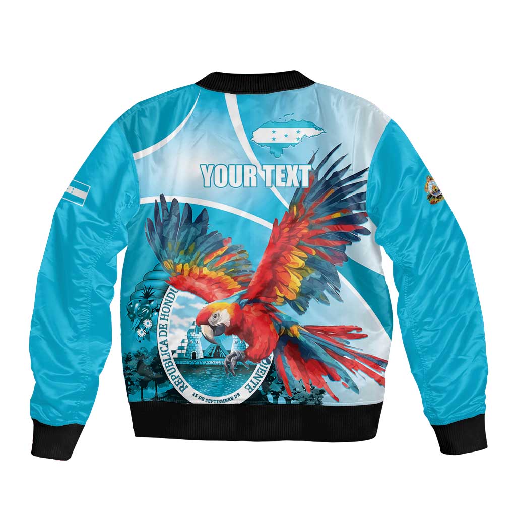 Unisex sky blue bomber jacket with black ribbed hem and back macaw art, 'YOUR TEXT'