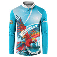 Blue long-sleeve button sweatshirt with front parrot graphic, three stars and white collar
