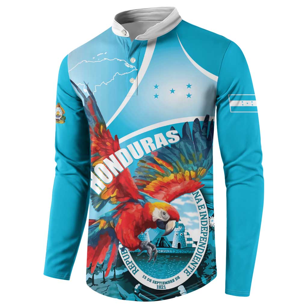 Blue long-sleeve button sweatshirt with front parrot graphic, white collar and button placket