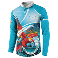 Blue long-sleeve button sweatshirt with front parrot graphic, white collar and button placket