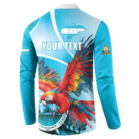 Blue long-sleeve button sweatshirt with large back parrot graphic and small sleeve crest