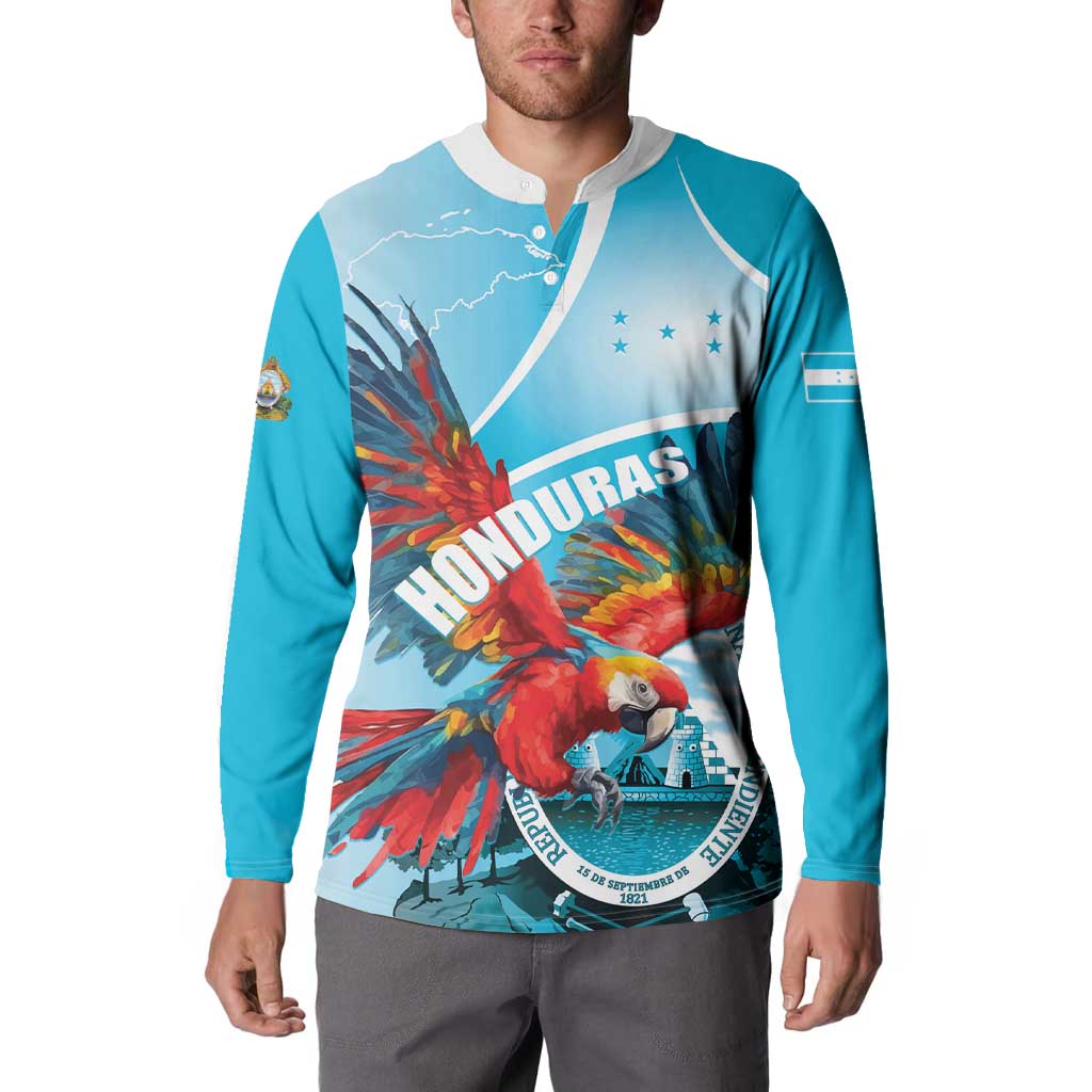 Blue long-sleeve button sweatshirt with front parrot graphic and crest, white collar