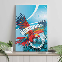 Canvas wall art of scarlet macaw with Honduras title and circular emblem on blue sky