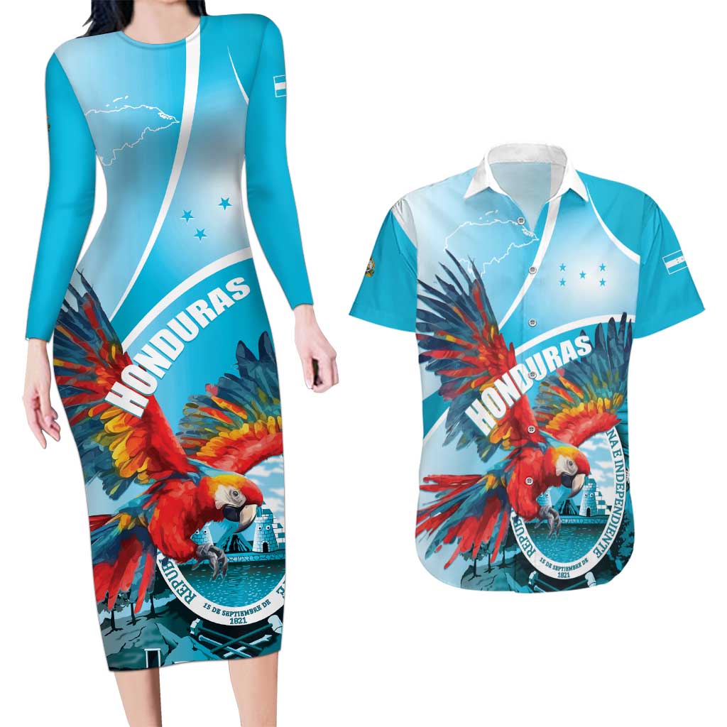 Honduras Independence Day Couples Matching Long Sleeve Bodycon Dress and Hawaiian Shirt Scarlet Macaw Sky Blue - Wonder Print Shop