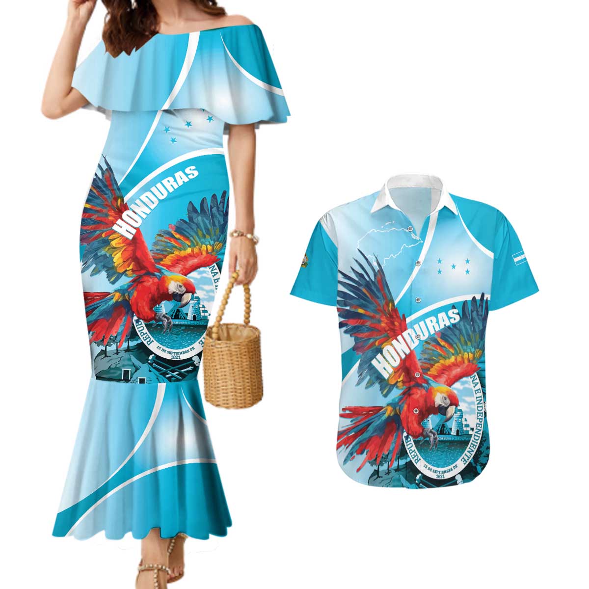 Honduras Independence Day Couples Matching Mermaid Dress and Hawaiian Shirt Scarlet Macaw Sky Blue - Wonder Print Shop