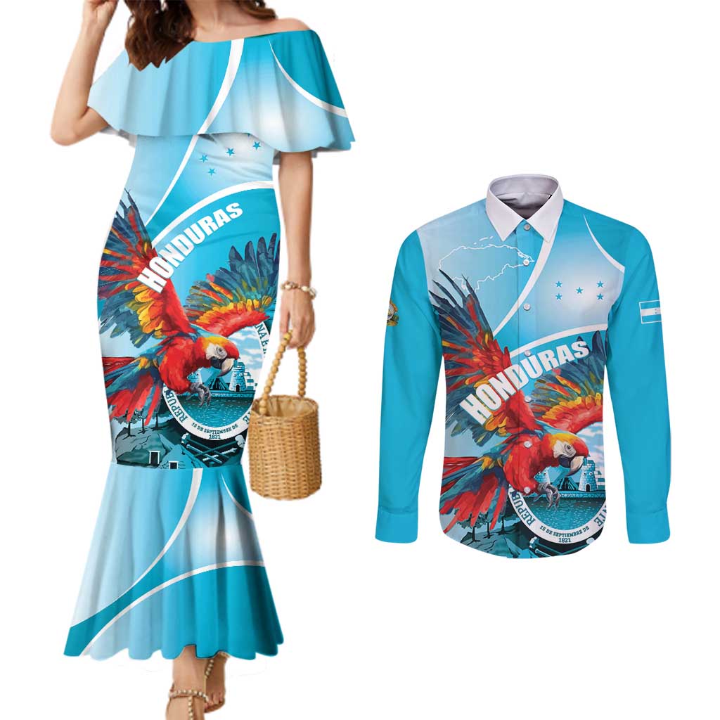 Honduras Independence Day Couples Matching Mermaid Dress and Long Sleeve Button Shirt Scarlet Macaw Sky Blue