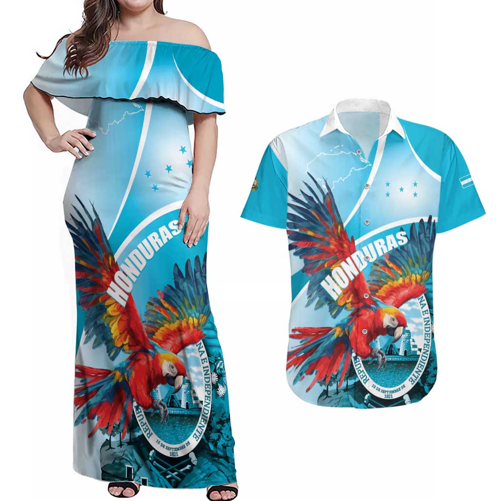 Honduras Independence Day Couples Matching Off Shoulder Maxi Dress and Hawaiian Shirt Scarlet Macaw Sky Blue - Wonder Print Shop