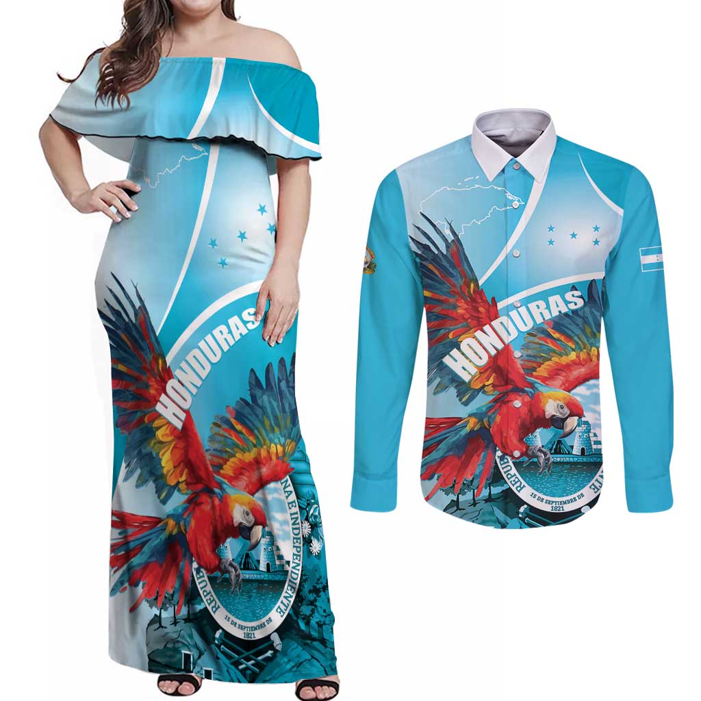 Honduras Independence Day Couples Matching Off Shoulder Maxi Dress and Long Sleeve Button Shirt Scarlet Macaw Sky Blue - Wonder Print Shop