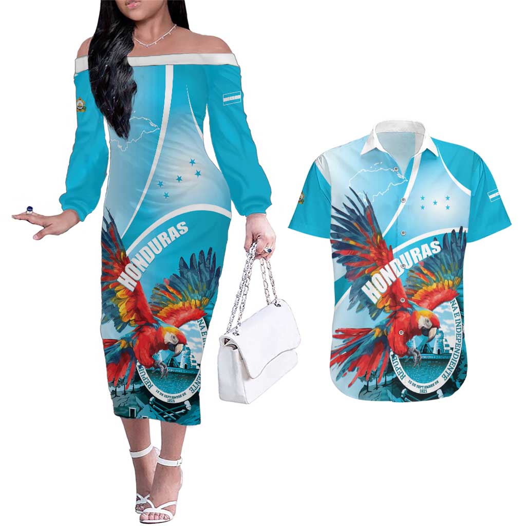 Honduras Independence Day Couples Matching Off The Shoulder Long Sleeve Dress and Hawaiian Shirt Scarlet Macaw Sky Blue - Wonder Print Shop