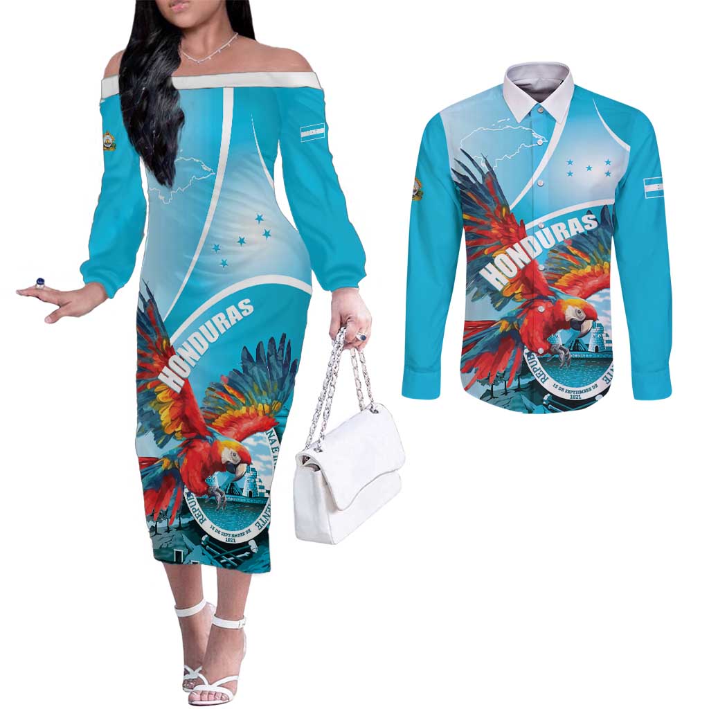 Honduras Independence Day Couples Matching Off The Shoulder Long Sleeve Dress and Long Sleeve Button Shirt Scarlet Macaw Sky Blue