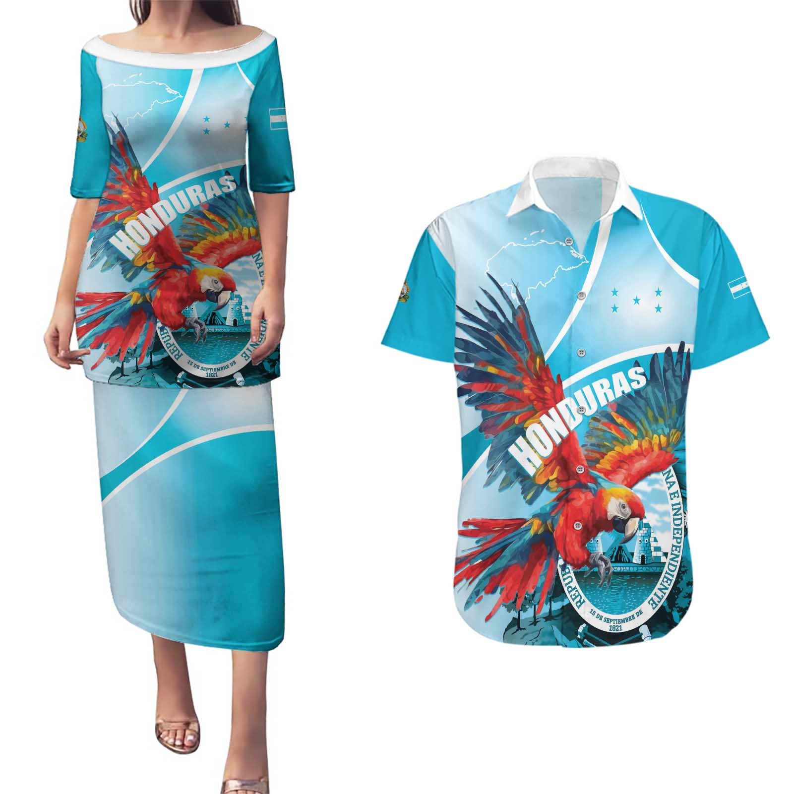 Honduras Independence Day Couples Matching Puletasi and Hawaiian Shirt Scarlet Macaw Sky Blue - Wonder Print Shop