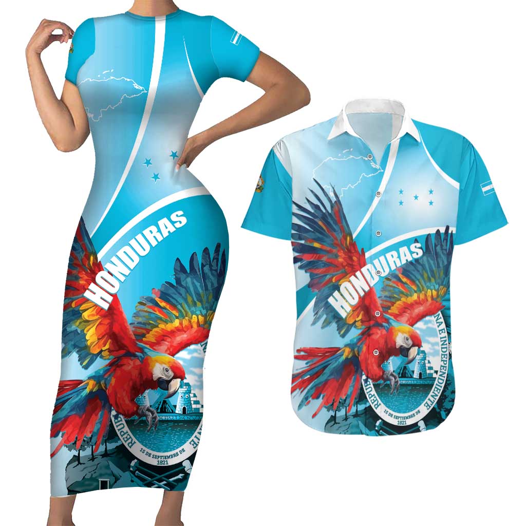 Honduras Independence Day Couples Matching Short Sleeve Bodycon Dress and Hawaiian Shirt Scarlet Macaw Sky Blue - Wonder Print Shop