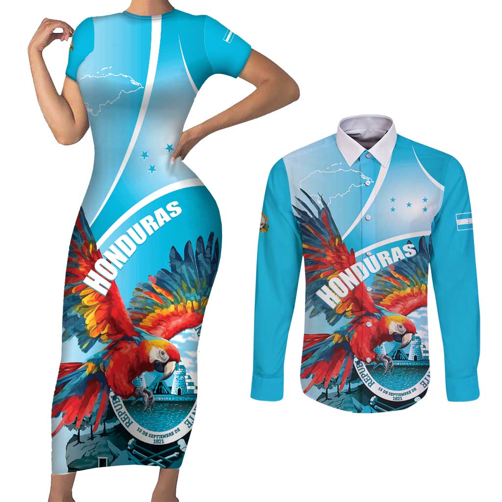 Honduras Independence Day Couples Matching Short Sleeve Bodycon Dress and Long Sleeve Button Shirt Scarlet Macaw Sky Blue - Wonder Print Shop