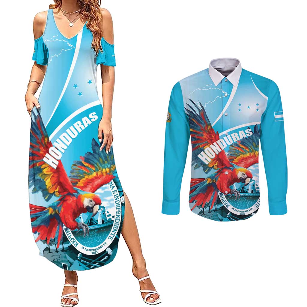 Honduras Independence Day Couples Matching Summer Maxi Dress and Long Sleeve Button Shirt Scarlet Macaw Sky Blue - Wonder Print Shop