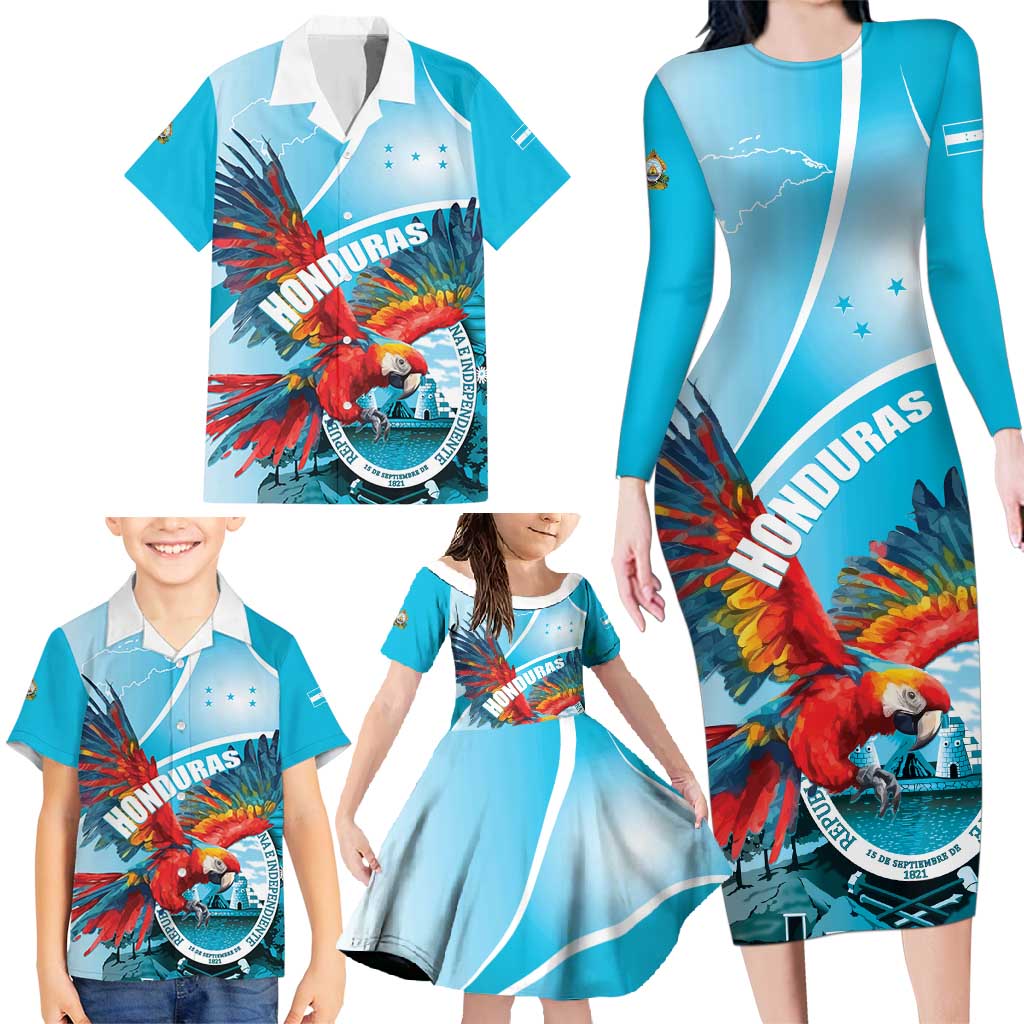 Honduras Independence Day Family Matching Long Sleeve Bodycon Dress and Hawaiian Shirt Scarlet Macaw Sky Blue - Wonder Print Shop