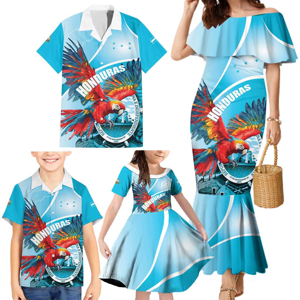 Honduras Independence Day Family Matching Mermaid Dress and Hawaiian Shirt Scarlet Macaw Sky Blue - Wonder Print Shop