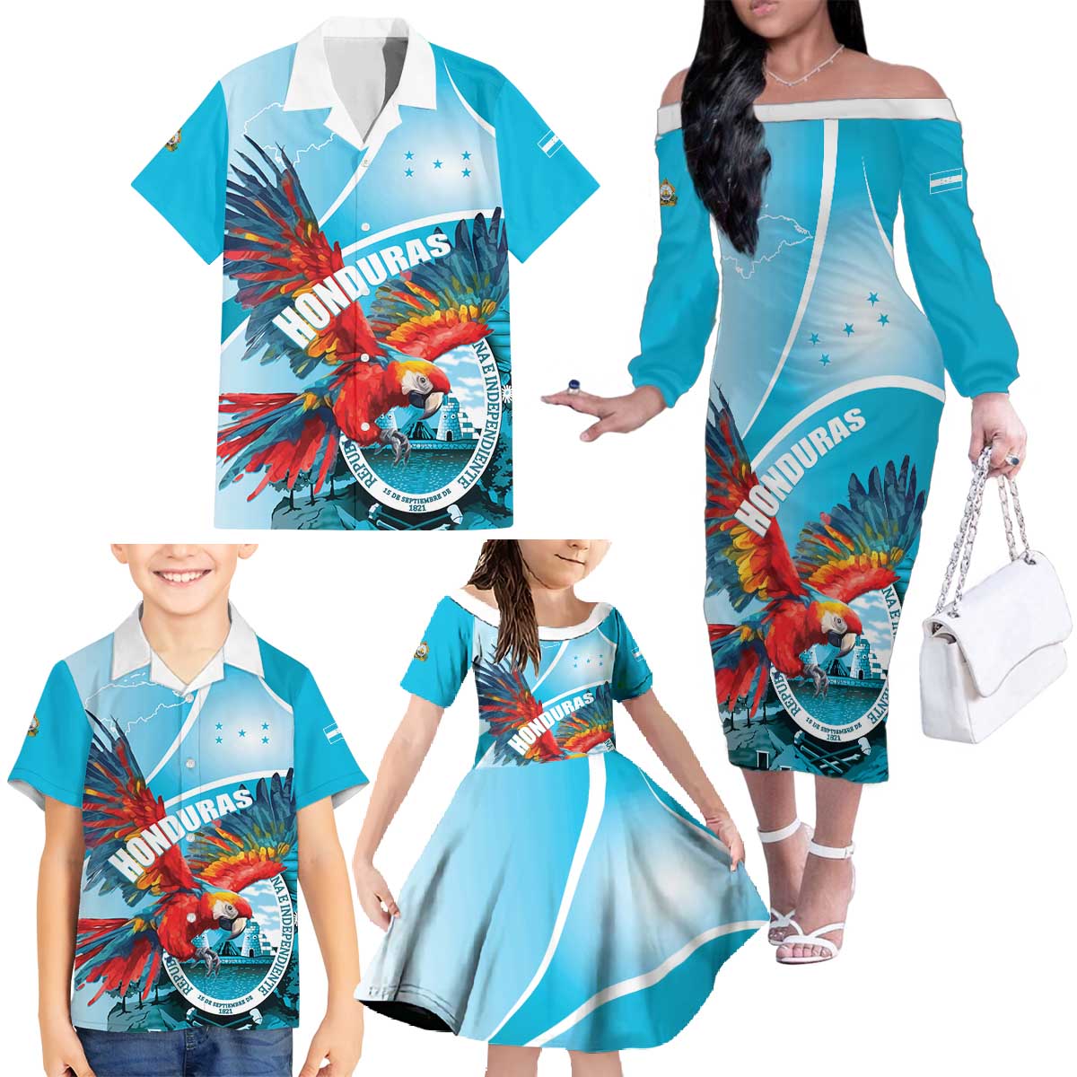 Honduras Independence Day Family Matching Off The Shoulder Long Sleeve Dress and Hawaiian Shirt Scarlet Macaw Sky Blue - Wonder Print Shop