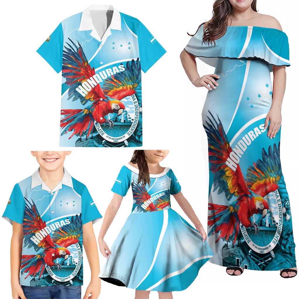 Honduras Independence Day Family Matching Off Shoulder Maxi Dress and Hawaiian Shirt Scarlet Macaw Sky Blue - Wonder Print Shop