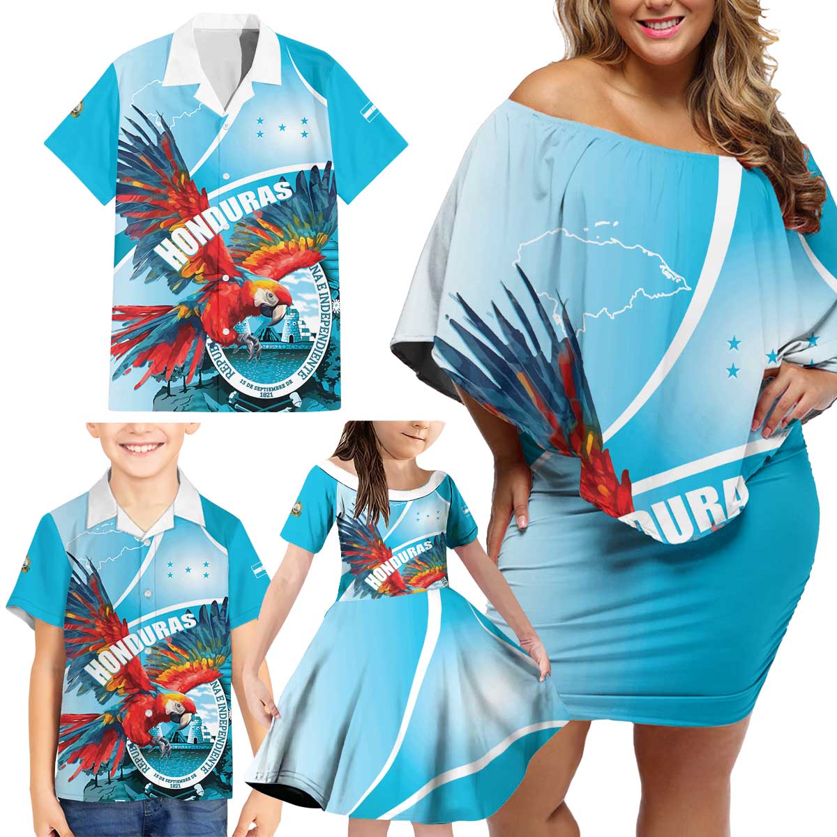 Honduras Independence Day Family Matching Off Shoulder Short Dress and Hawaiian Shirt Scarlet Macaw Sky Blue - Wonder Print Shop