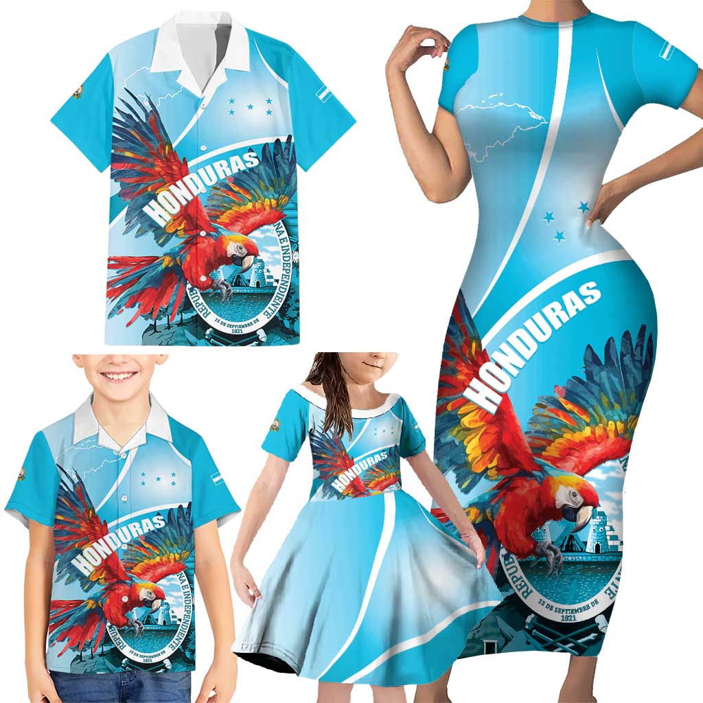 Honduras Independence Day Family Matching Short Sleeve Bodycon Dress and Hawaiian Shirt Scarlet Macaw Sky Blue - Wonder Print Shop