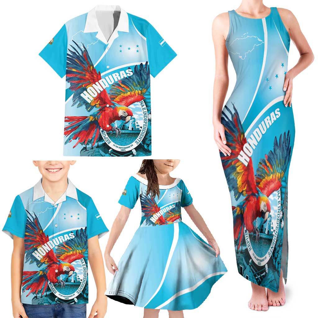 Honduras Independence Day Family Matching Tank Maxi Dress and Hawaiian Shirt Scarlet Macaw Sky Blue - Wonder Print Shop