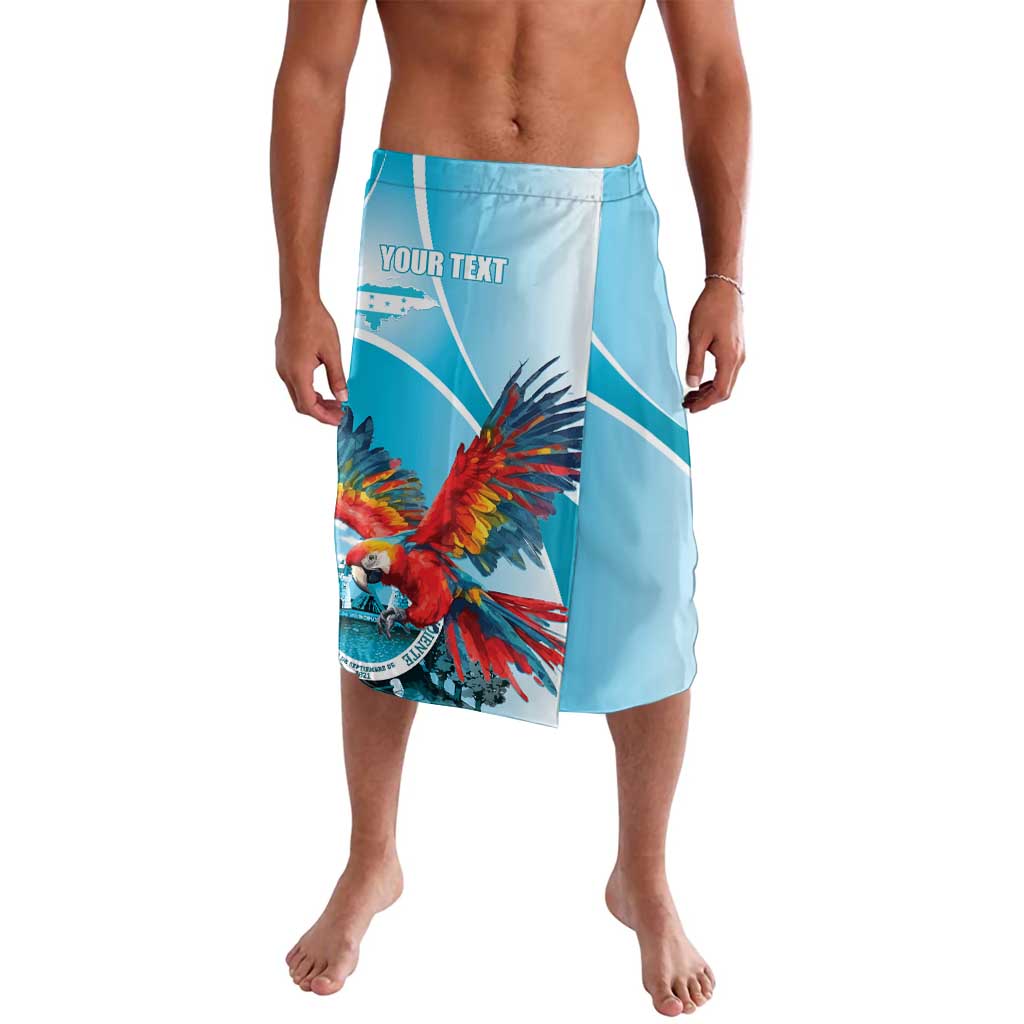 Sky blue graphic swim shorts with red macaw bird print on the front panel