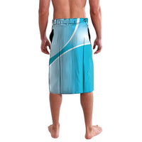 Sky blue swim shorts with geometric diagonal stripe pattern on the back
