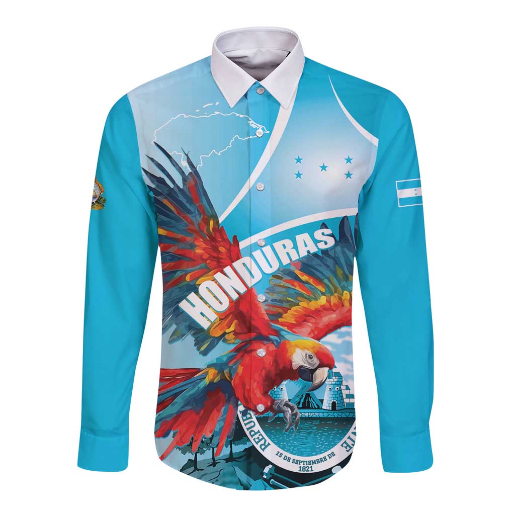 Sky blue long-sleeve button shirt with white collar and front colorful bird graphic