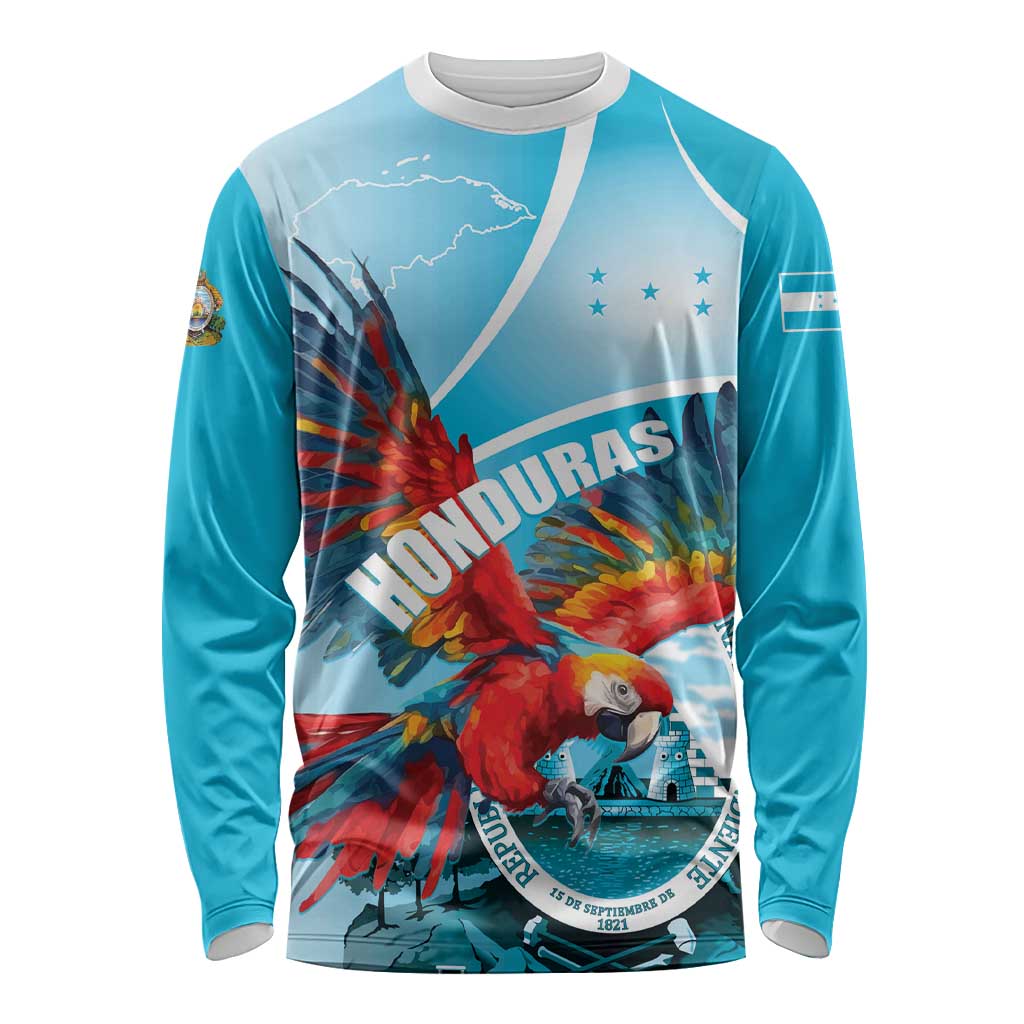 Honduras Independence Day Long Sleeve Shirt Scarlet Macaw Sky Blue - Wonder Print Shop