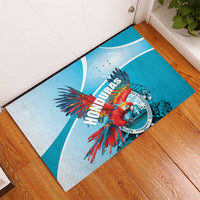Blue rubber doormat featuring red macaw and Honduras Independence emblem