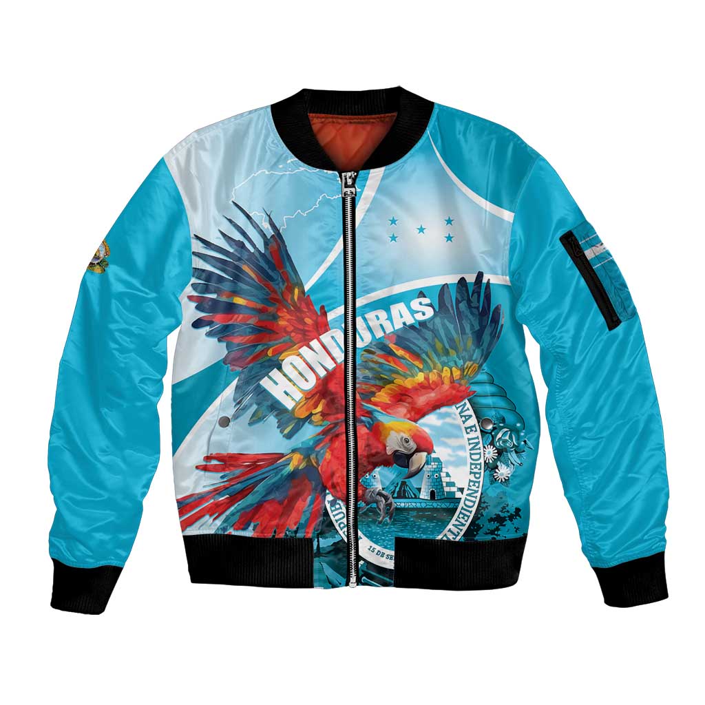 Honduras Independence Day Sleeve Zip Bomber Jacket Scarlet Macaw Sky Blue - Wonder Print Shop