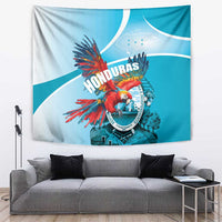 Honduras-themed wall tapestry with scarlet macaw and circular emblem, blue and white design