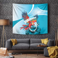 Honduras wall tapestry with scarlet macaw over circular crest, teal and light blue