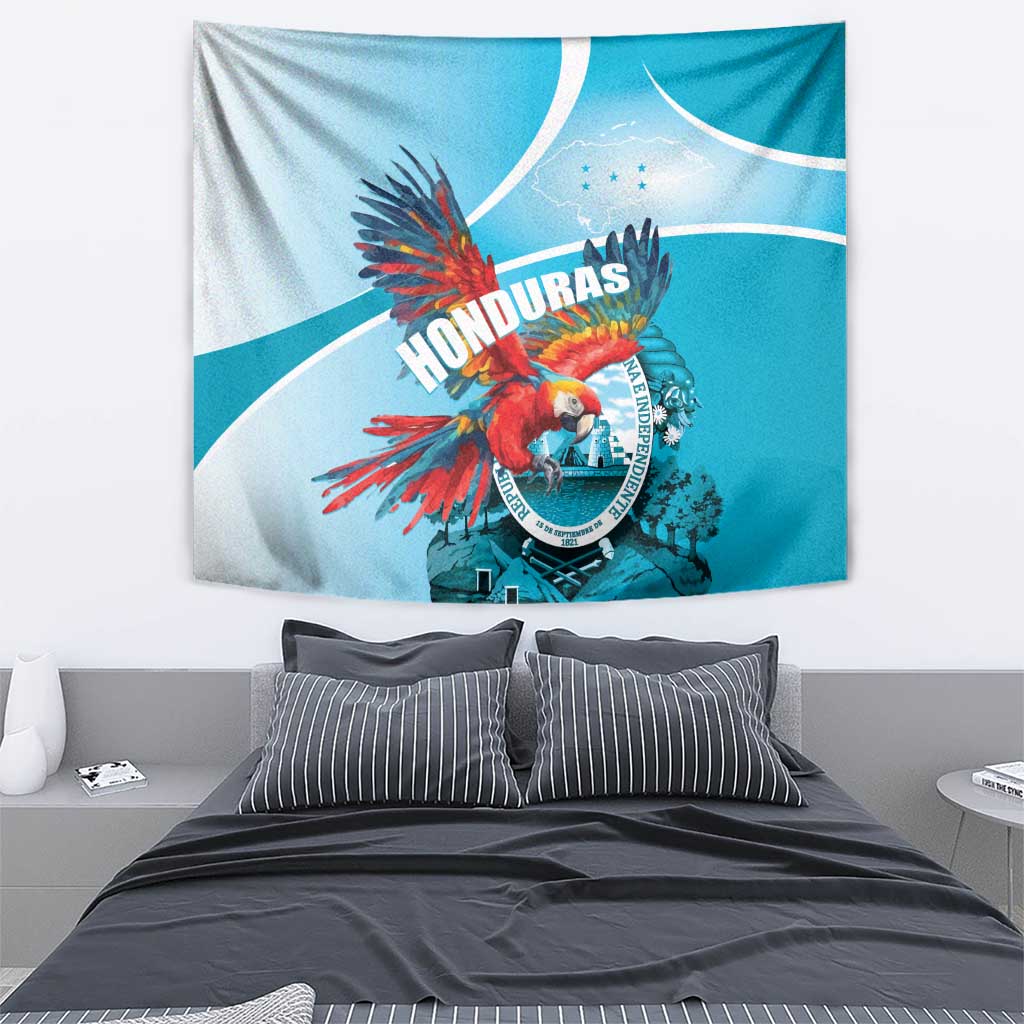 Square Honduras tapestry featuring scarlet macaw and circular crest, sky-blue and white