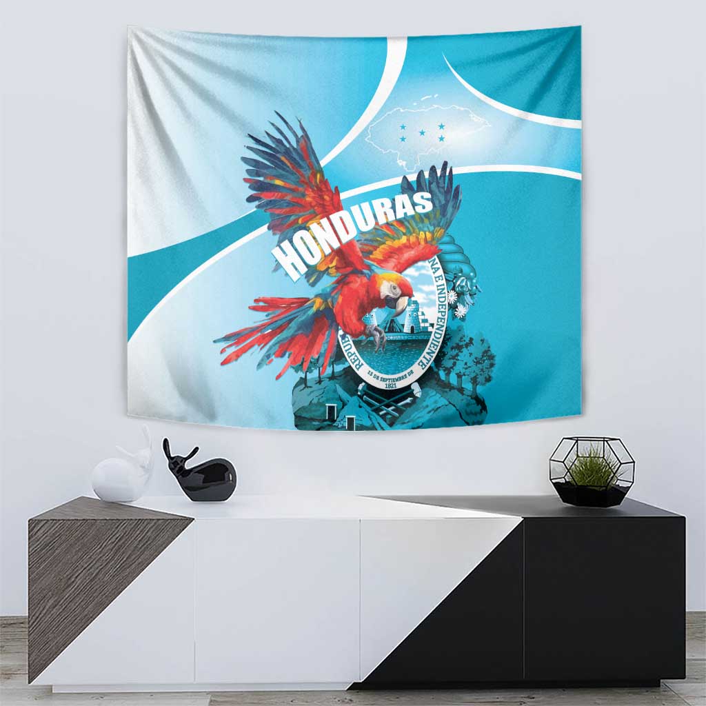 Honduras tapestry wall hanging with scarlet macaw and circular crest, teal-blue print