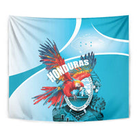 Honduras tapestry with scarlet macaw and circular crest, sky-blue background and white accents
