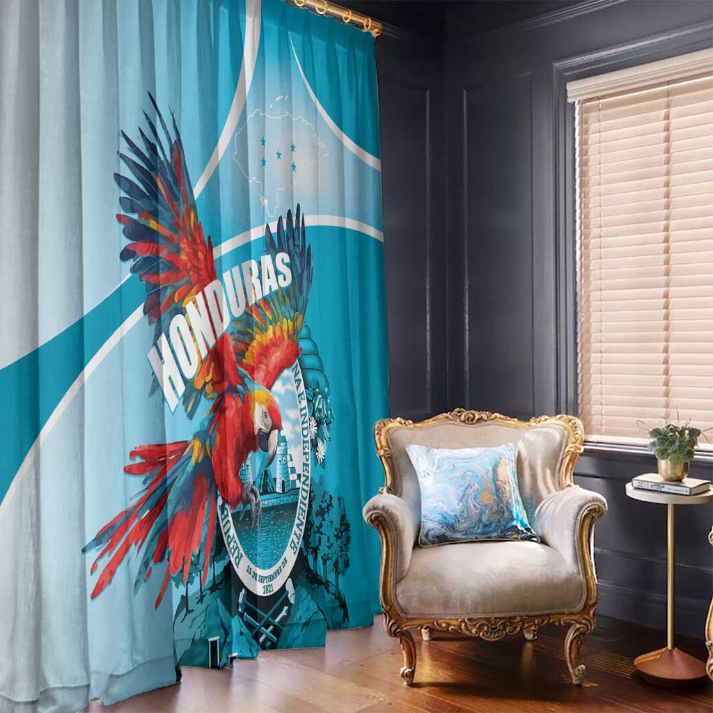 Floor-length sky blue window curtain with large red macaw and Independence Day seal print