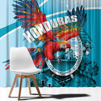 Sky blue window curtain panel with red-blue macaw and Independence Day seal graphic