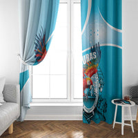 Sky blue window curtain with macaw artwork and Honduras Independence Day emblem