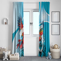 Two sky blue window curtains with diagonal stripe and red-blue macaw Independence Day design
