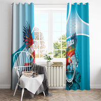 Sky blue window curtains with macaw print and curved white stripe detail