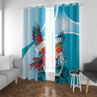 Sky blue window curtain panels with large macaw artwork and Independence Day seal