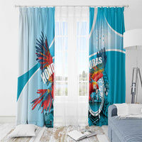 Hanging sky blue window curtain set with macaw graphic and Independence Day emblem print