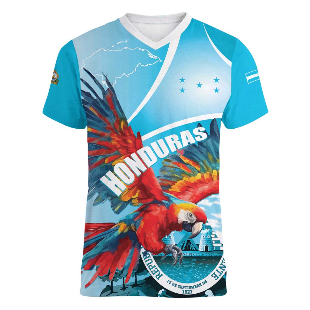 Honduras Independence Day Women V-Neck T-Shirt Scarlet Macaw Sky Blue - Wonder Print Shop