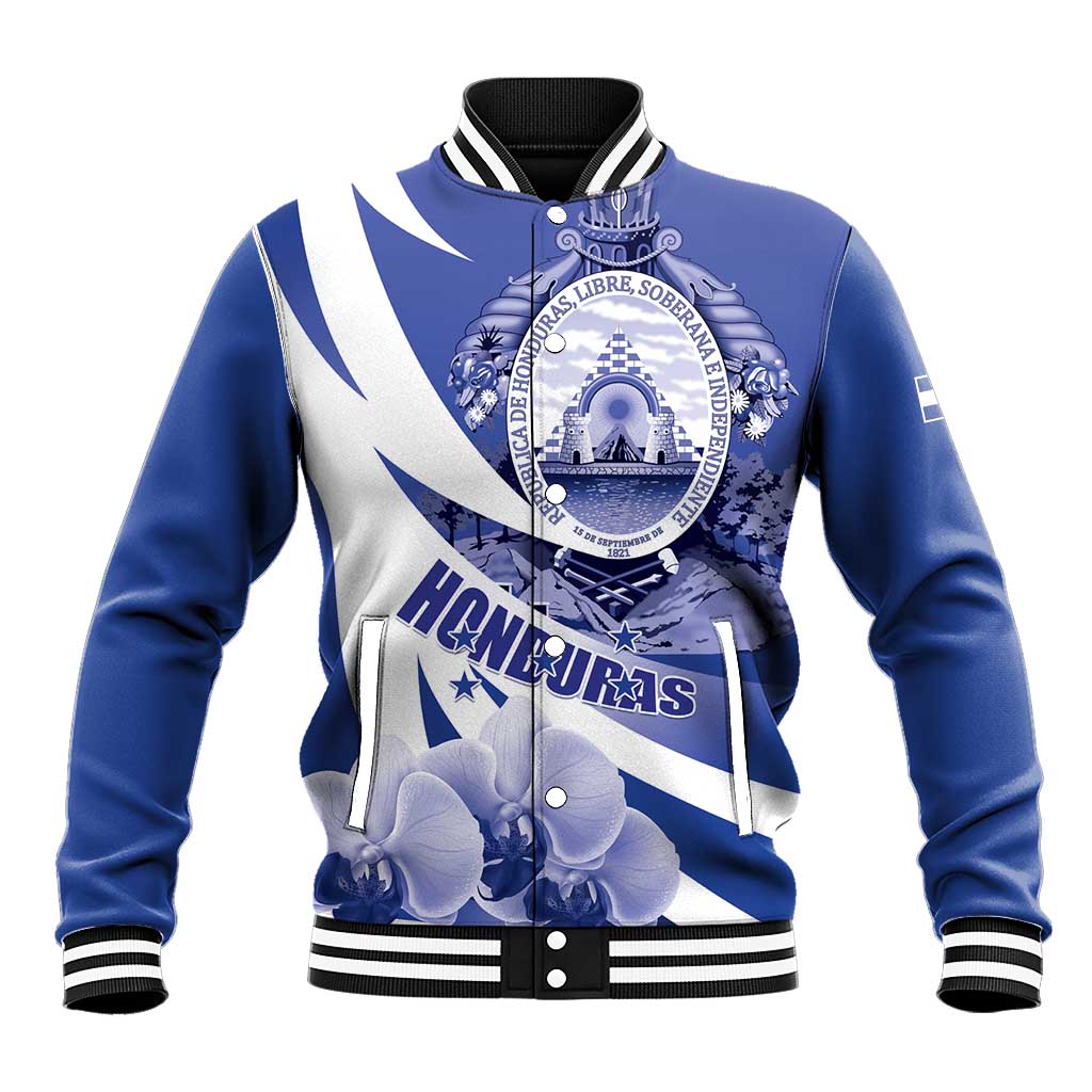 Blue varsity baseball jacket with white diagonal panels, Honduras crest, orchid graphic