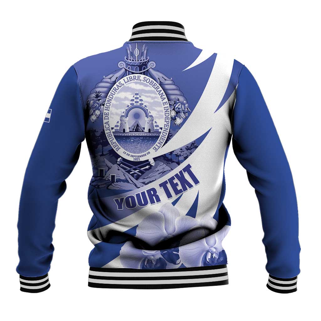 Blue varsity jacket back with crest, white diagonal streaks, and orchid flower detail
